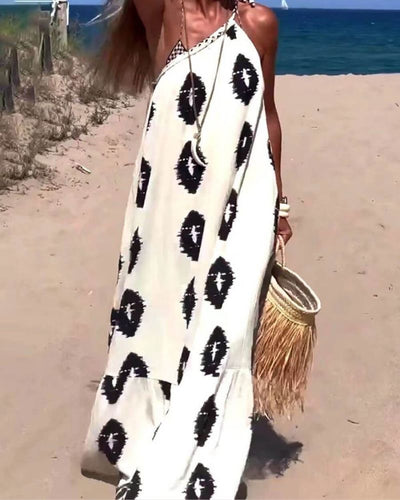 Langes Ein-Schulter-Musterkleid – Ethno-Chic-Stil