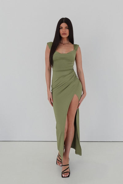 Khaki Halterneck Kleid mit Rückenknoten & Schlitz – Elegantes Abendkleid