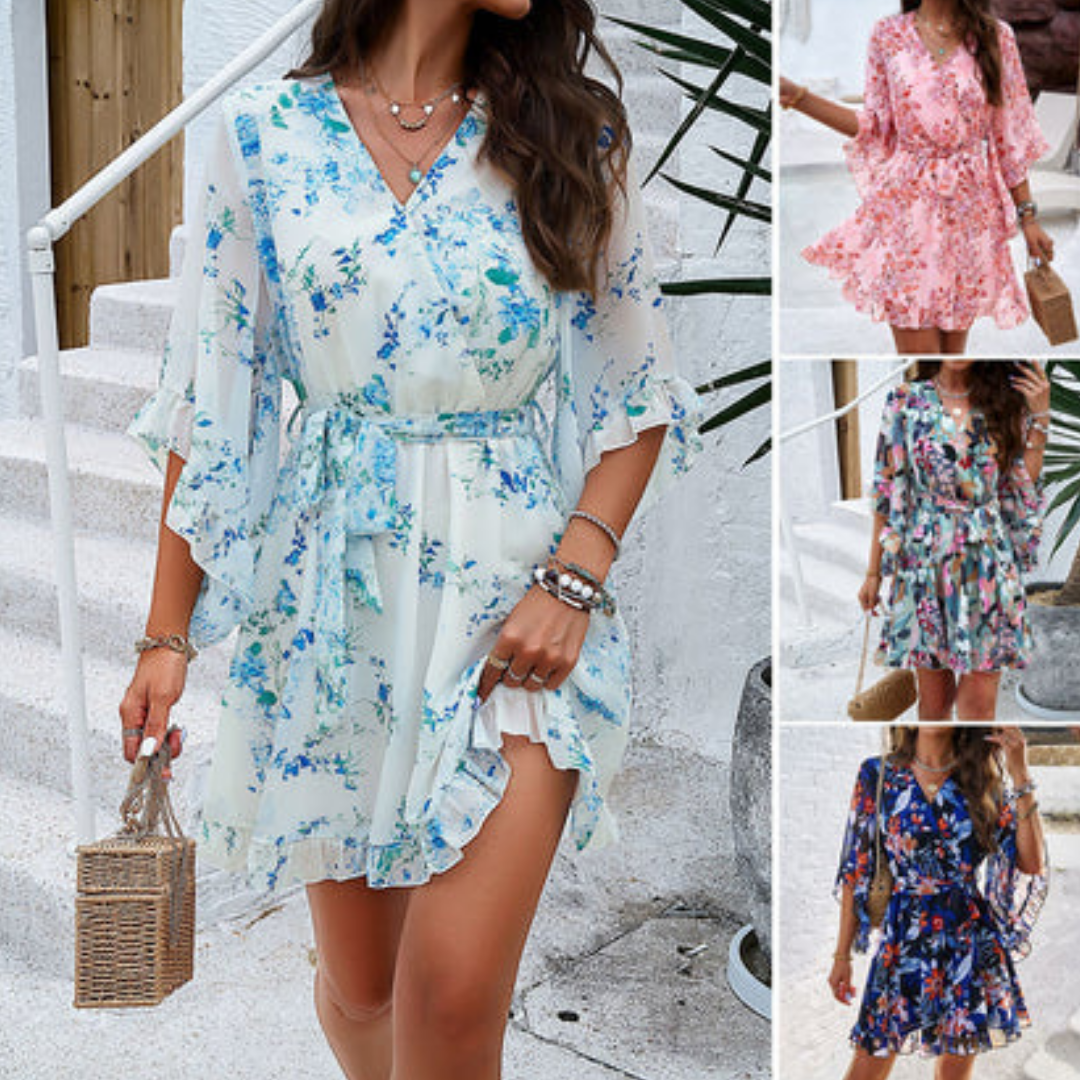 Damen Blumen V Ausschnitt Glockenärmeln Kleid | Mini