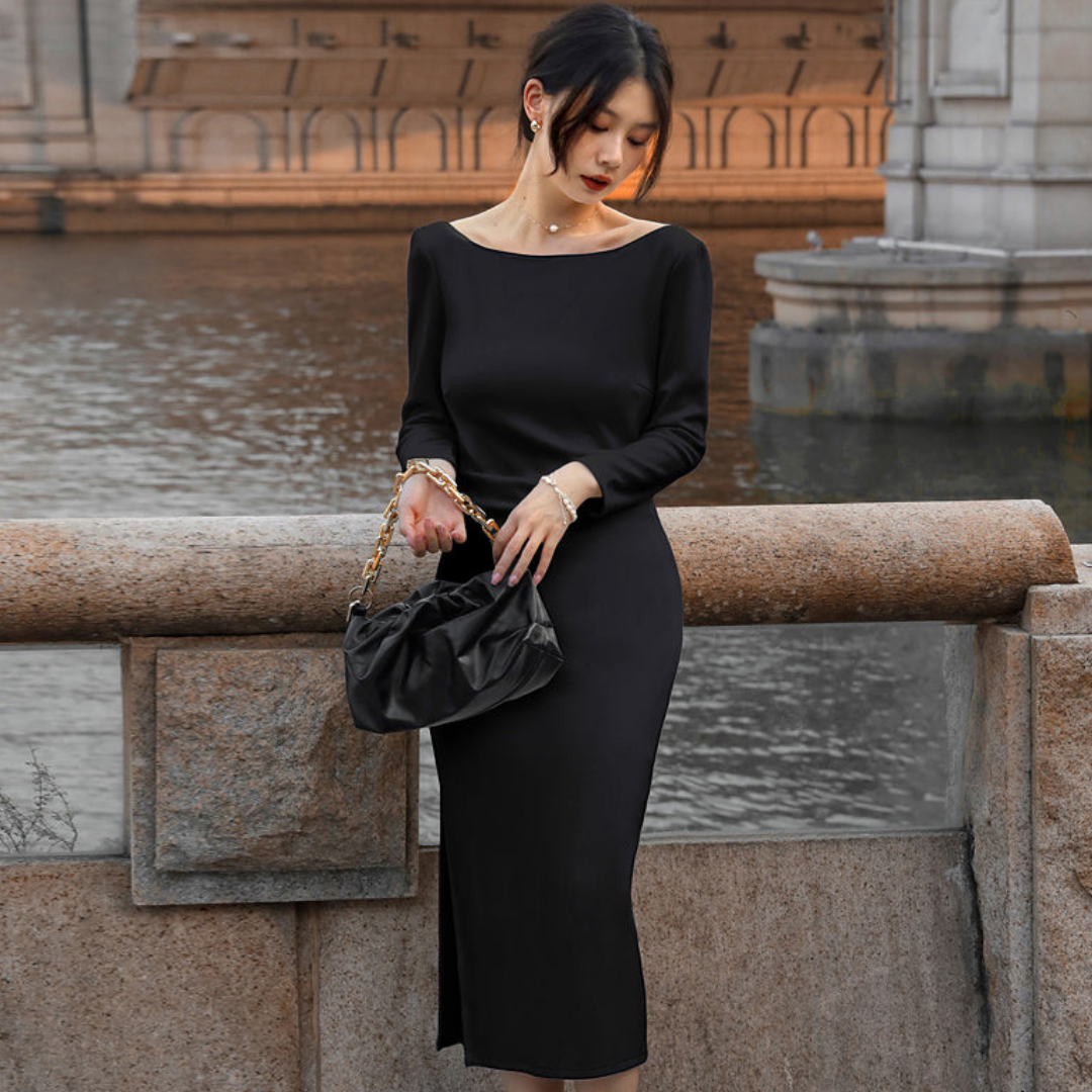 Damen Elegantes Bootsausschnitt Elegante Kleid | Midi