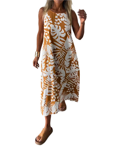 Safiya | Lässiges ärmelloses Kleid mit Blätterdruck