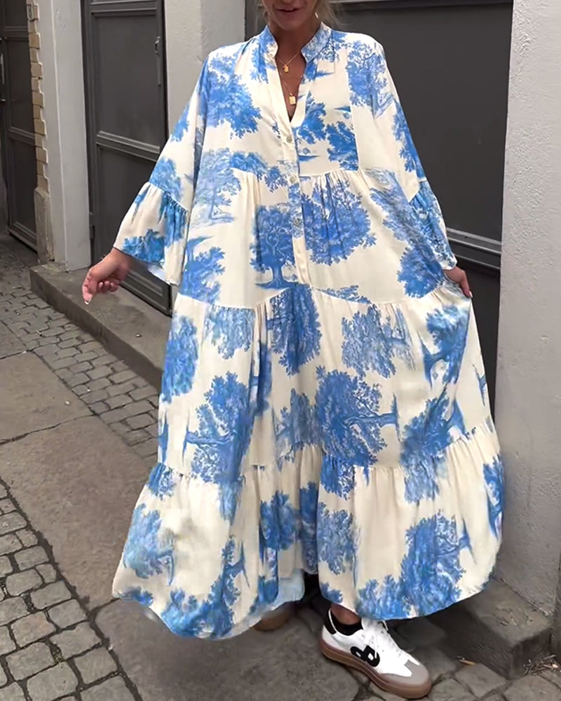 Maxikleid mit Print, Volantärmeln & Stehkragen – Stilvoll & Luftig
