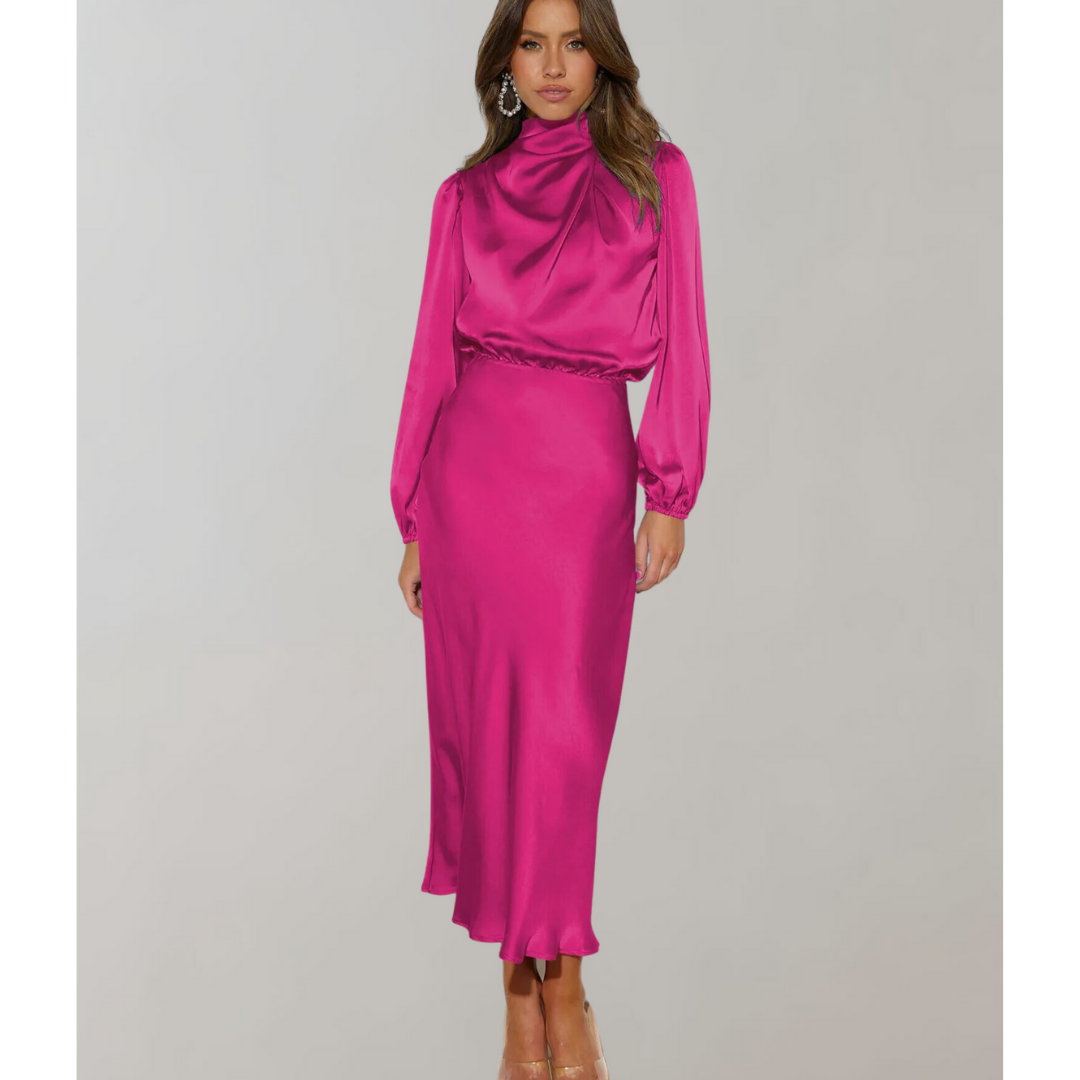 Damen Hohem Halsausschnitt Langärmeliges Kleid | Midi