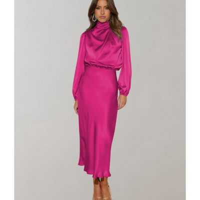 Damen Hohem Halsausschnitt Langärmeliges Kleid | Midi