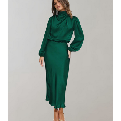 Damen Hohem Halsausschnitt Langärmeliges Kleid | Midi