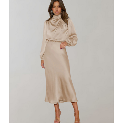 Damen Hohem Halsausschnitt Langärmeliges Kleid | Midi