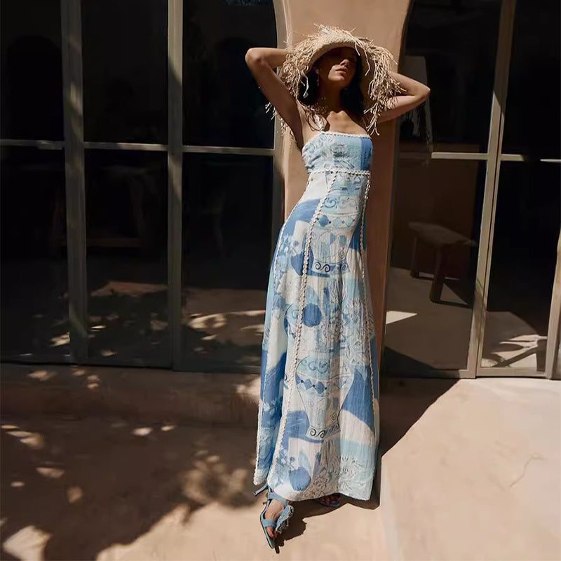 Briana | Blumenmuster Spitzen Trägerkleid mit sexy rückenfreiem Design und Schleifenverzierung