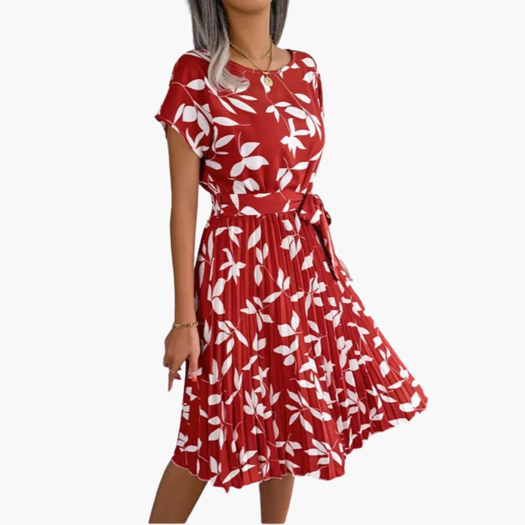 Sommerkleid Damen - Blumenkleid mit Gürtel und Kurzarm