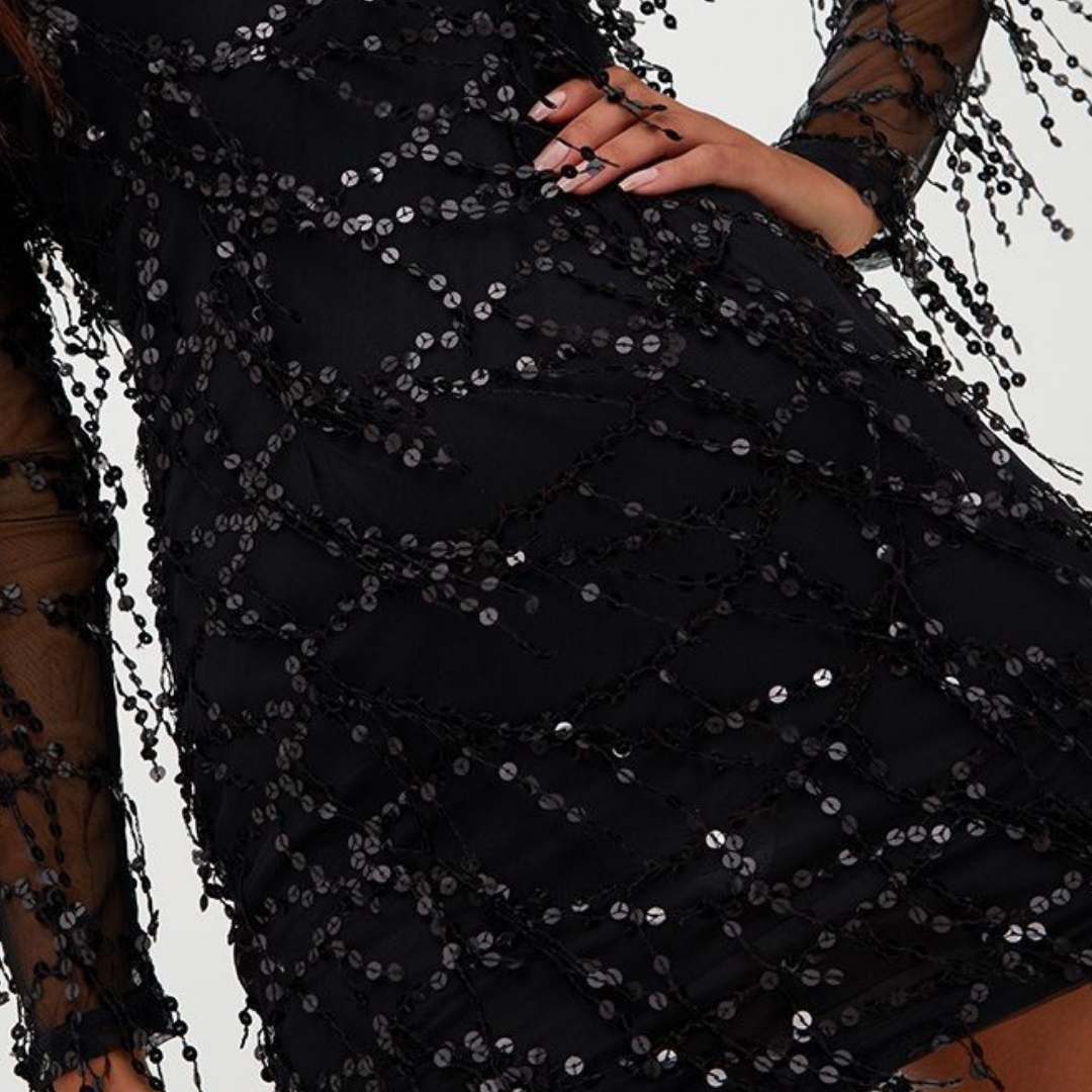 Damen Pailletten Rundhals Kleid | Mini