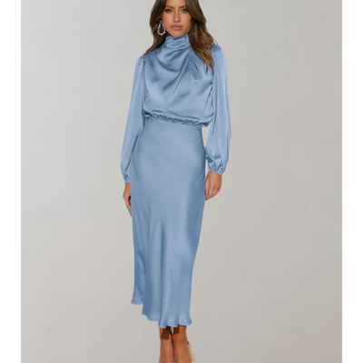 Damen Hohem Halsausschnitt Langärmeliges Kleid | Midi