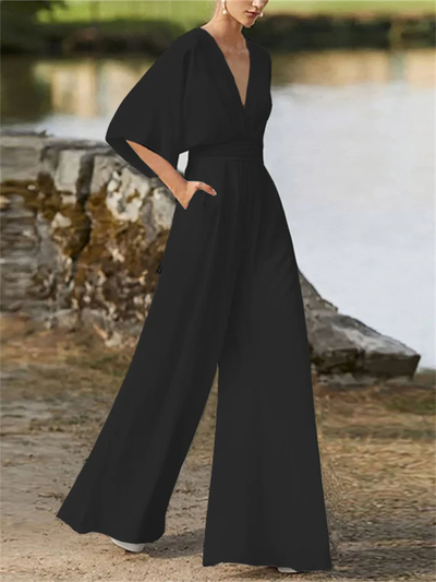 Eleganter Jumpsuit mit V-Ausschnitt und weitem Bein und Fledermausärmeln für Damen | Ideal für den Winter