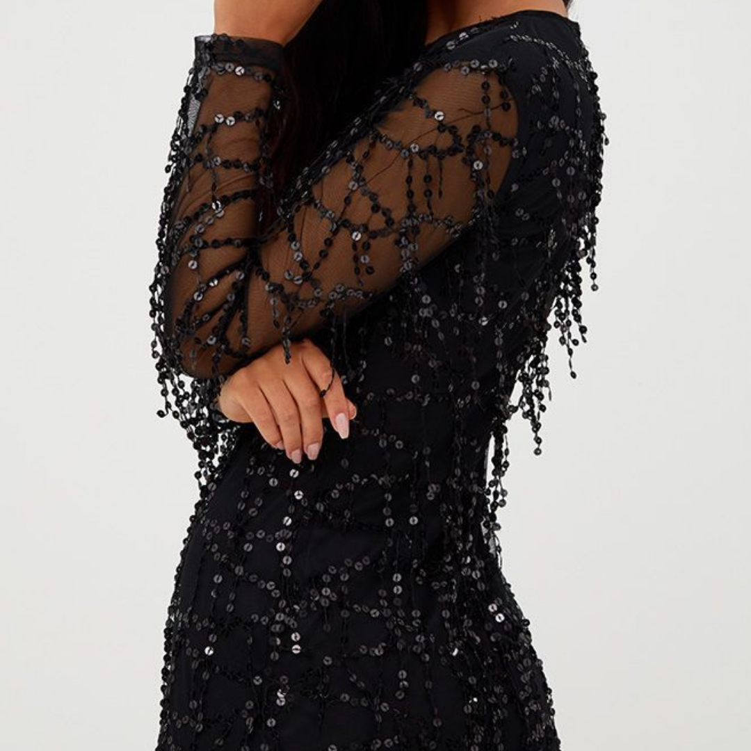 Damen Pailletten Rundhals Kleid | Mini