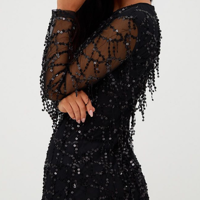 Damen Pailletten Rundhals Kleid | Mini