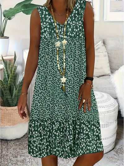 Damen ärmelloses Sommerkleid mit V-Ausschnitt und Blumenmuster