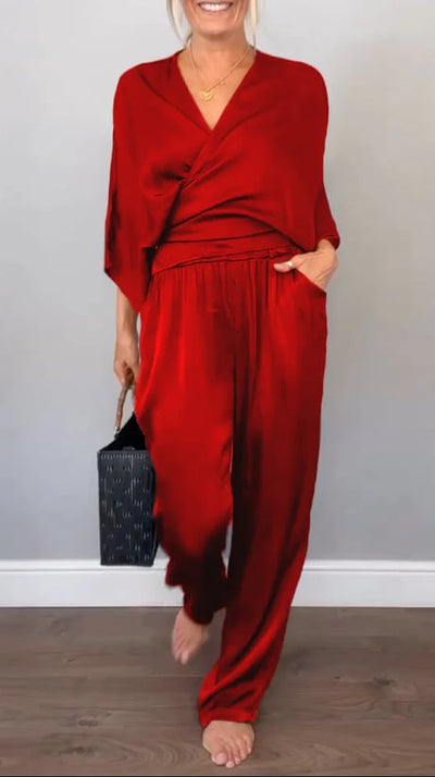 Cassidy | Damen V-Ausschnitt Bequemer Satin-Anzug Kauf 2 Sets Kostenloser Versand