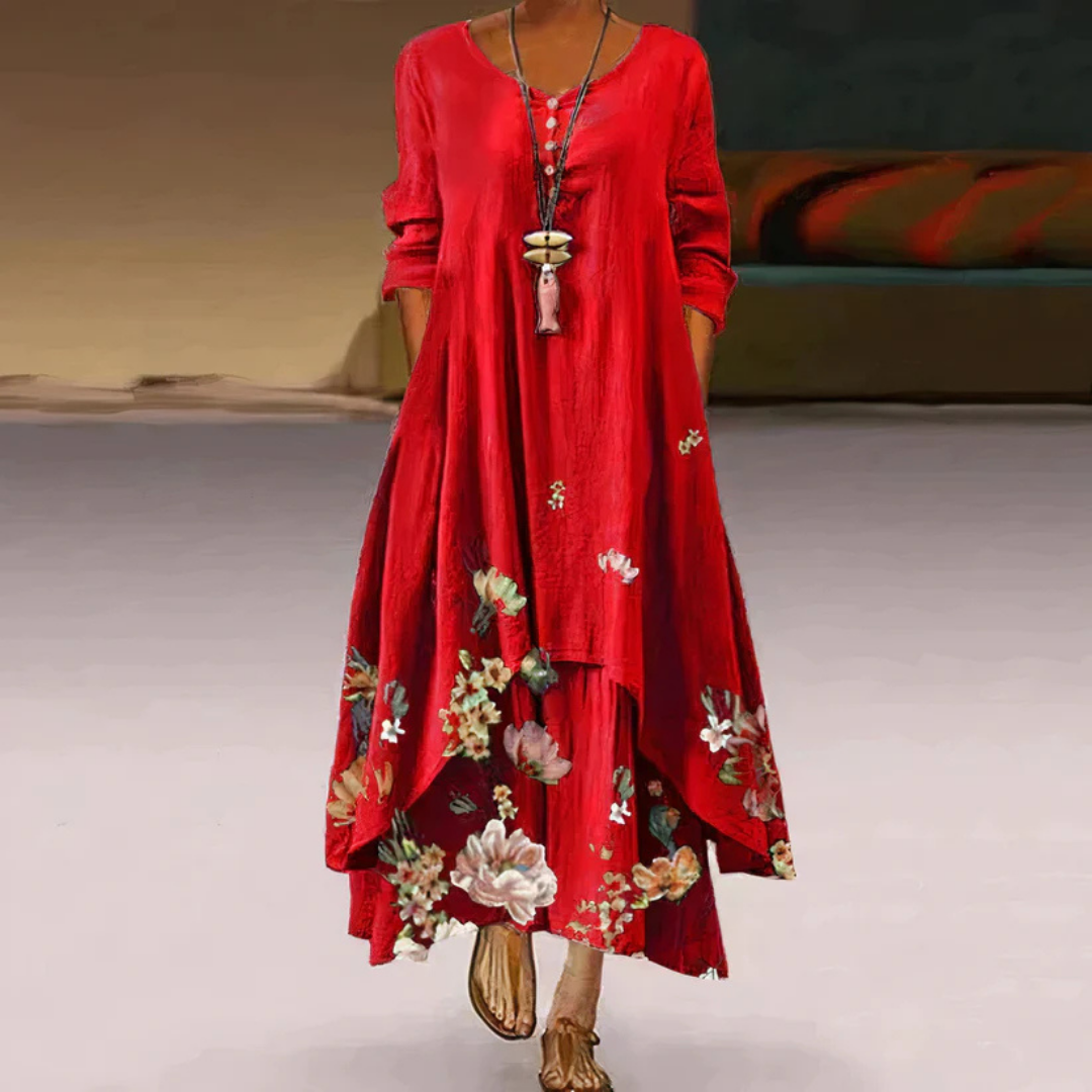 Damen Sommer Doppellagiges Langarm Bedrucktes Kleid | Maxi