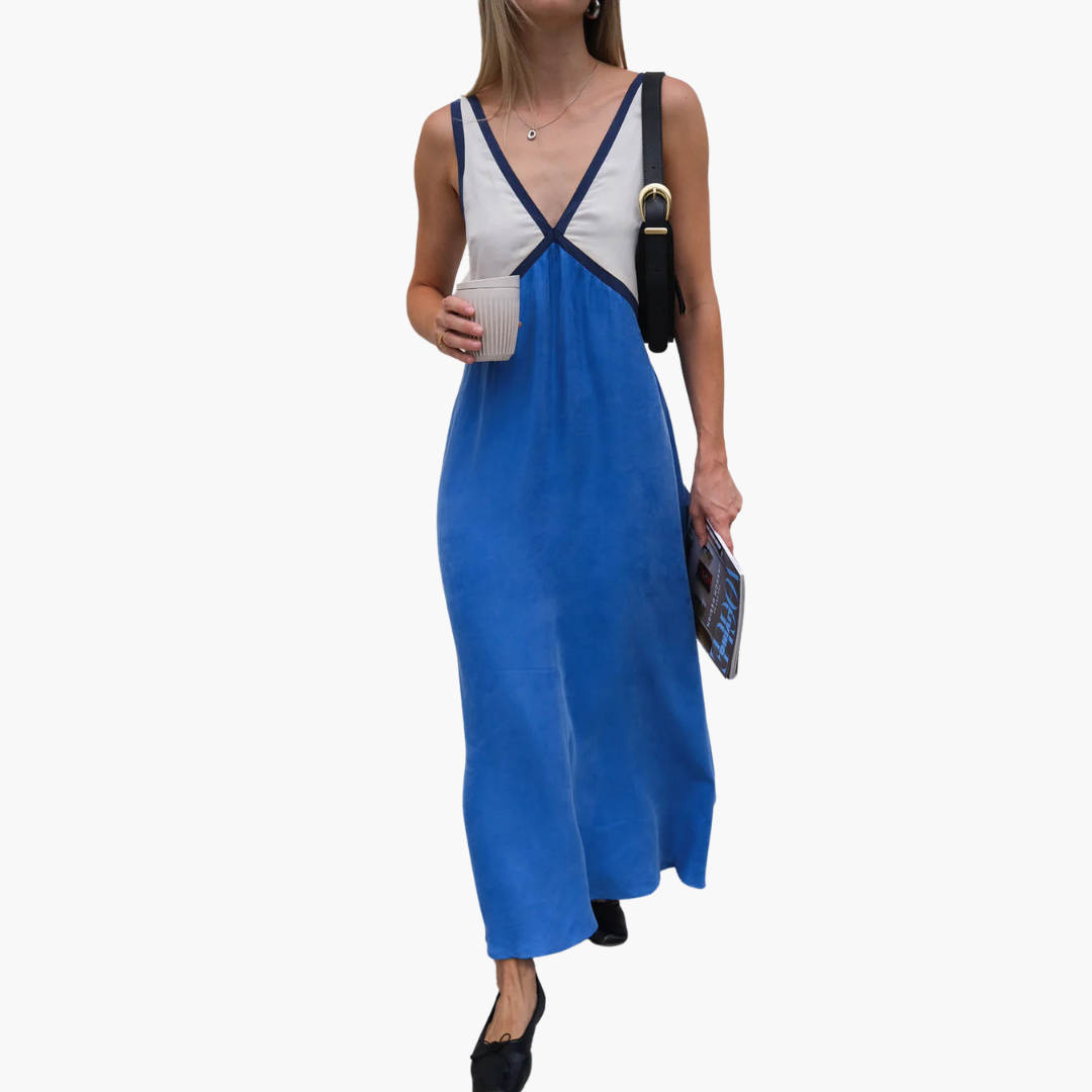 Leichtes V-Ausschnitt Maxi-Kleid für Frauen - Farbblock Design
