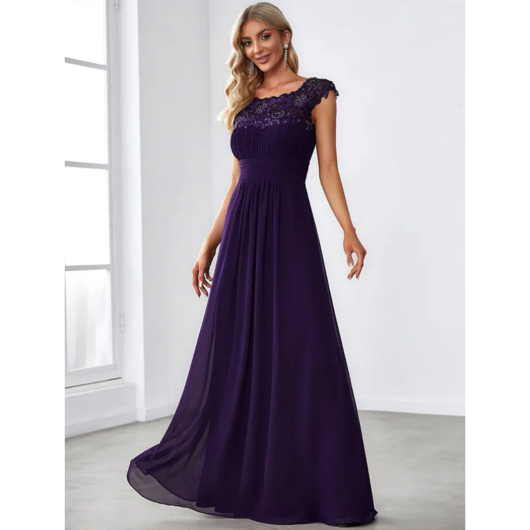 Damen Kleid mit Plissierten Kappenärmeln | Maxi