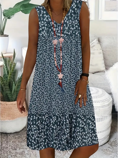Damen ärmelloses Sommerkleid mit V-Ausschnitt und Blumenmuster