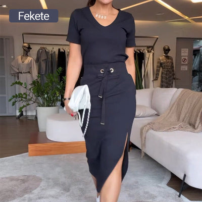 Pierce | Damen V-Ausschnitt T-Shirt und Midirock-Set👗