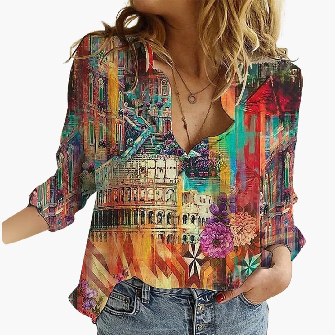 Kunstvoll bedruckte V-Ausschnitt Bluse - Damen Freizeitlook