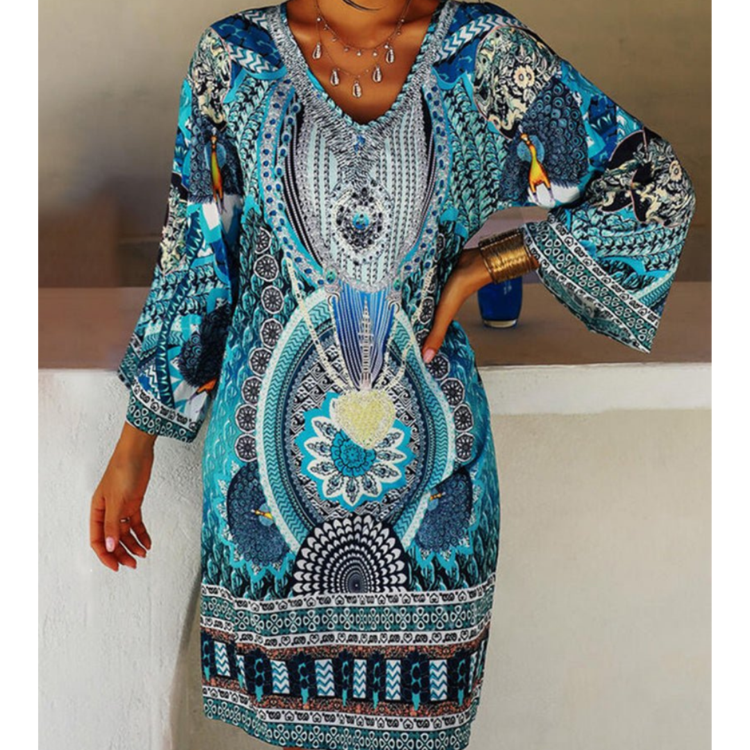 Damen Bedrucktes Boho V Ausschnitt Kleid | Mini
