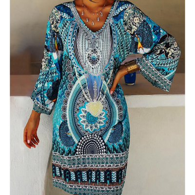 Damen Bedrucktes Boho V Ausschnitt Kleid | Mini