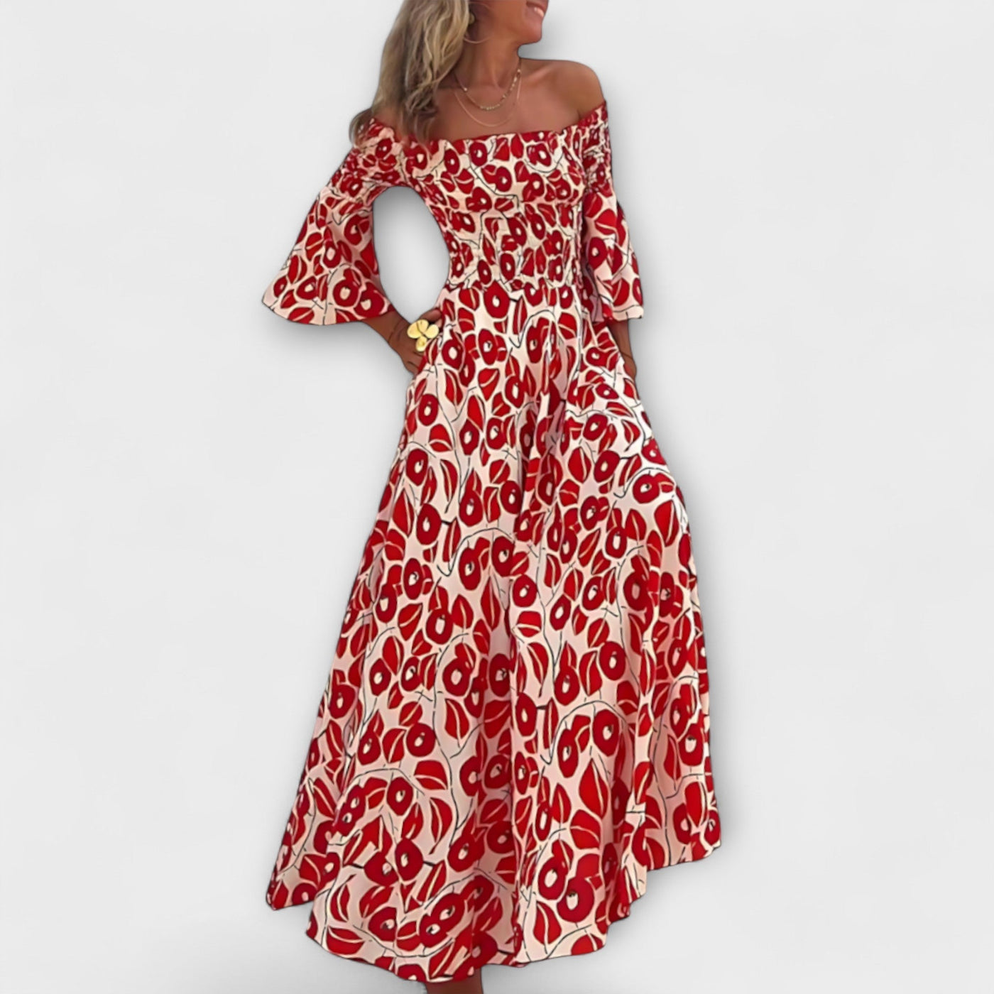 Bella - Off-Shoulder Kleid mit Blumenmuster in Ozeanfarben