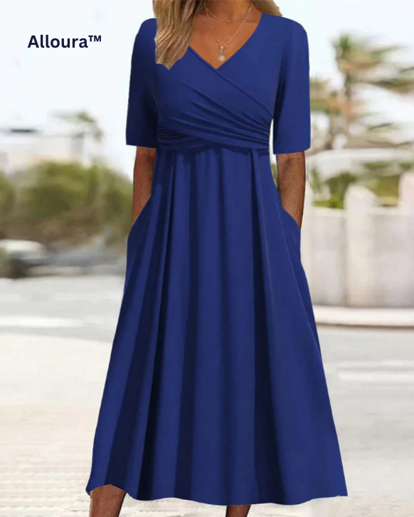 Alloura | Kreuzkleid Bequemes Patchwork Design, V-Ausschnitt, Kurzarm