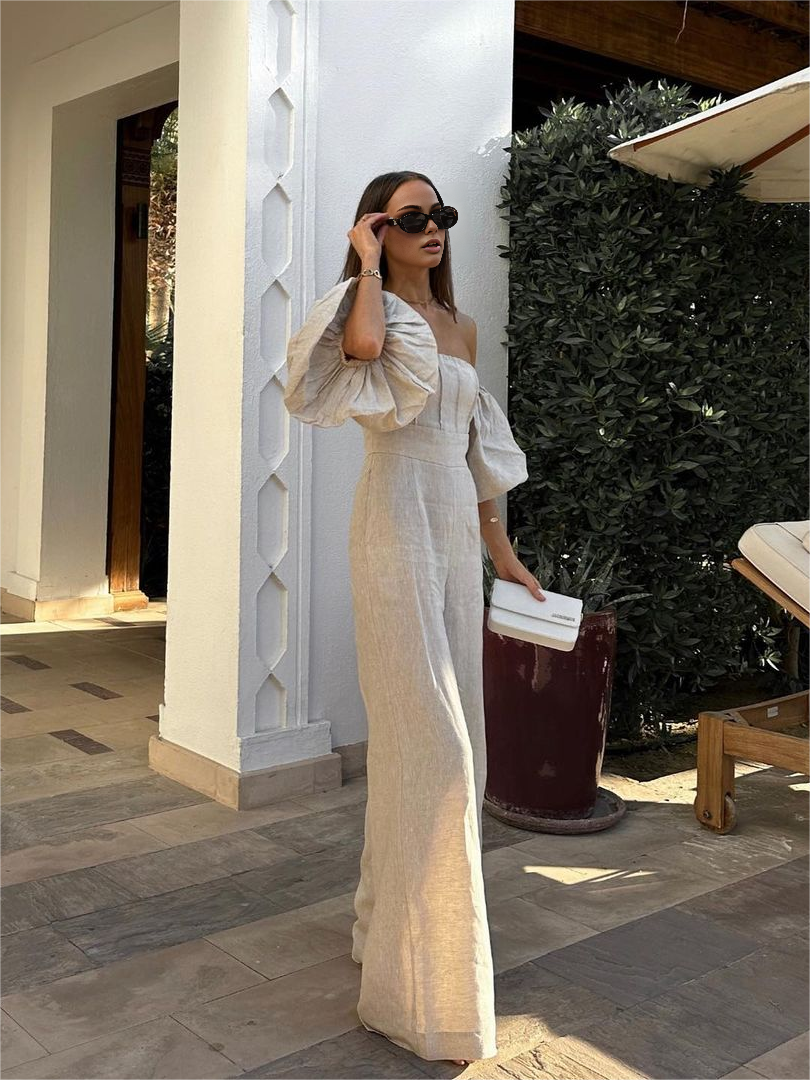 Atmungsaktiver Leinen-Mix Jumpsuit mit Puffärmeln – Elegante Damenmode