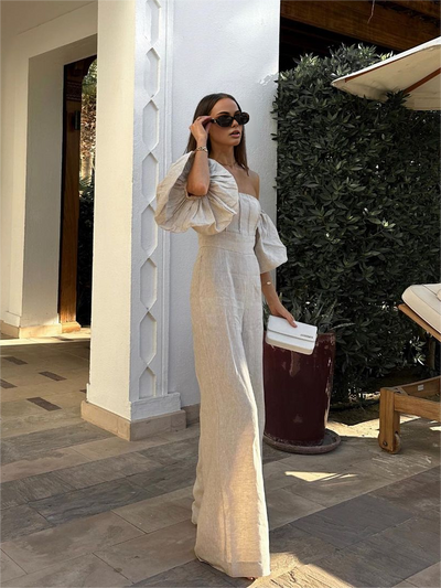 Atmungsaktiver Leinen-Mix Jumpsuit mit Puffärmeln – Elegante Damenmode