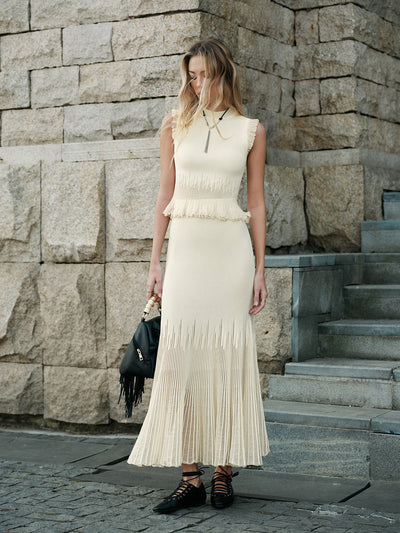 Rippstrick Crop Top mit Rüschen – Beige – Sommer Damen Oberteil