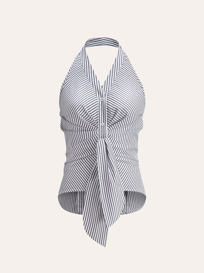 Gestreiftes Neckholder Top Damen – Sommer Crop Top mit V-Ausschnitt