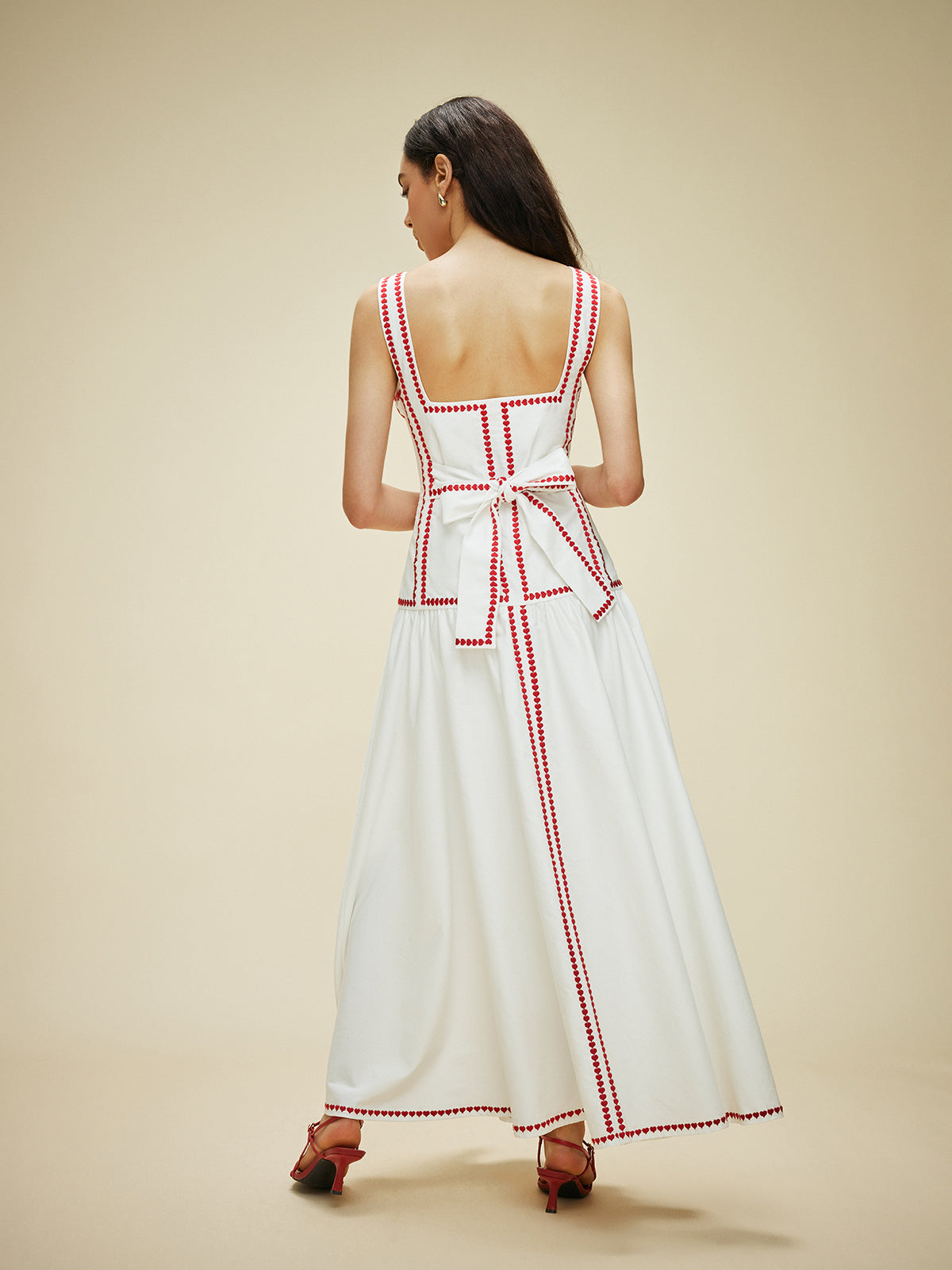 Damen Maxikleid aus Baumwolle mit Kontrastbesatz & Rückenschleife