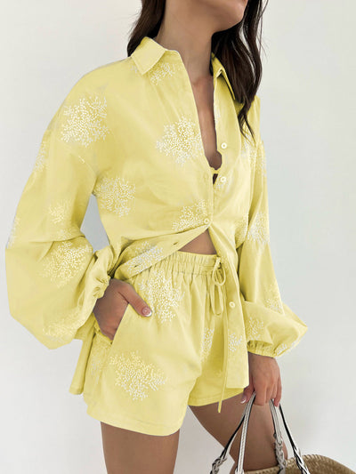 Zweiteiliger Damen Sommer-Shorts-Set mit Pflanzenstickerei