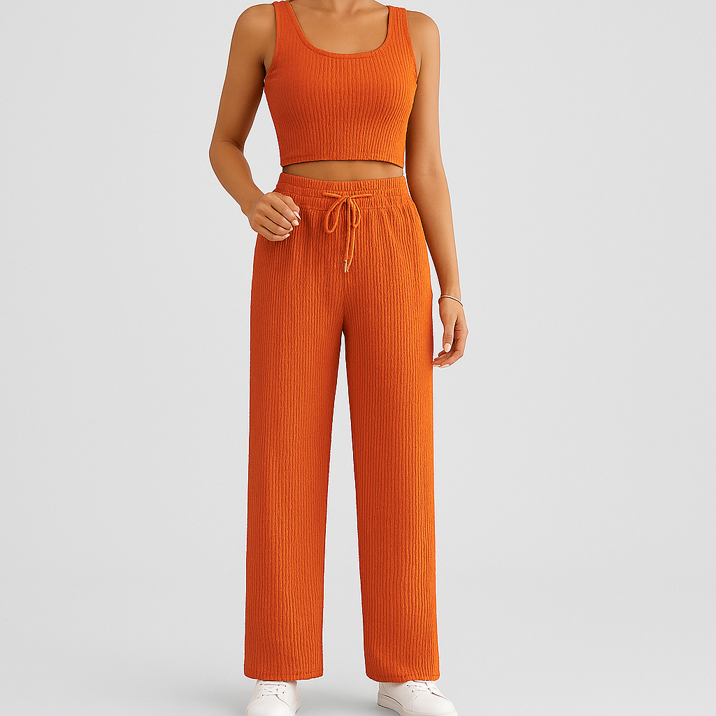 2-teiliges Sommer-Set für Damen – Ärmelloses Crop-Top und strukturierte Hose mit hoher Taille
