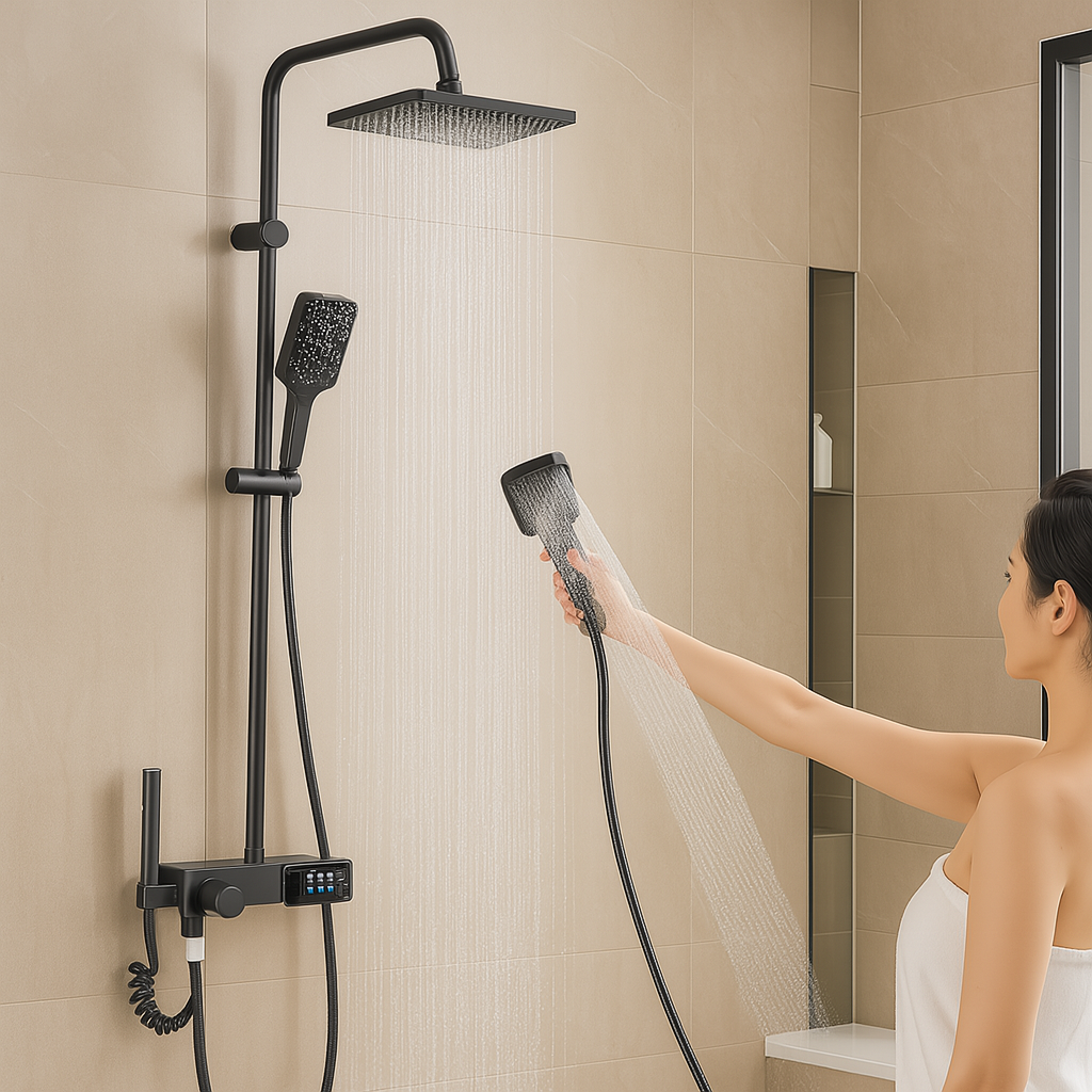 Modernes graues Duschset – Regenduschkopf mit Messingsteuerung für Badewannen- und Duschkombination