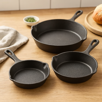 Alvaris | 3-teiliges, vorgewürztes Gusseisen-Bratpfannenset