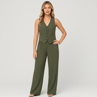 Elegantes 2-teiliges Set für Damen – Ärmelloses Top mit V-Ausschnitt und passende einfarbige Hose