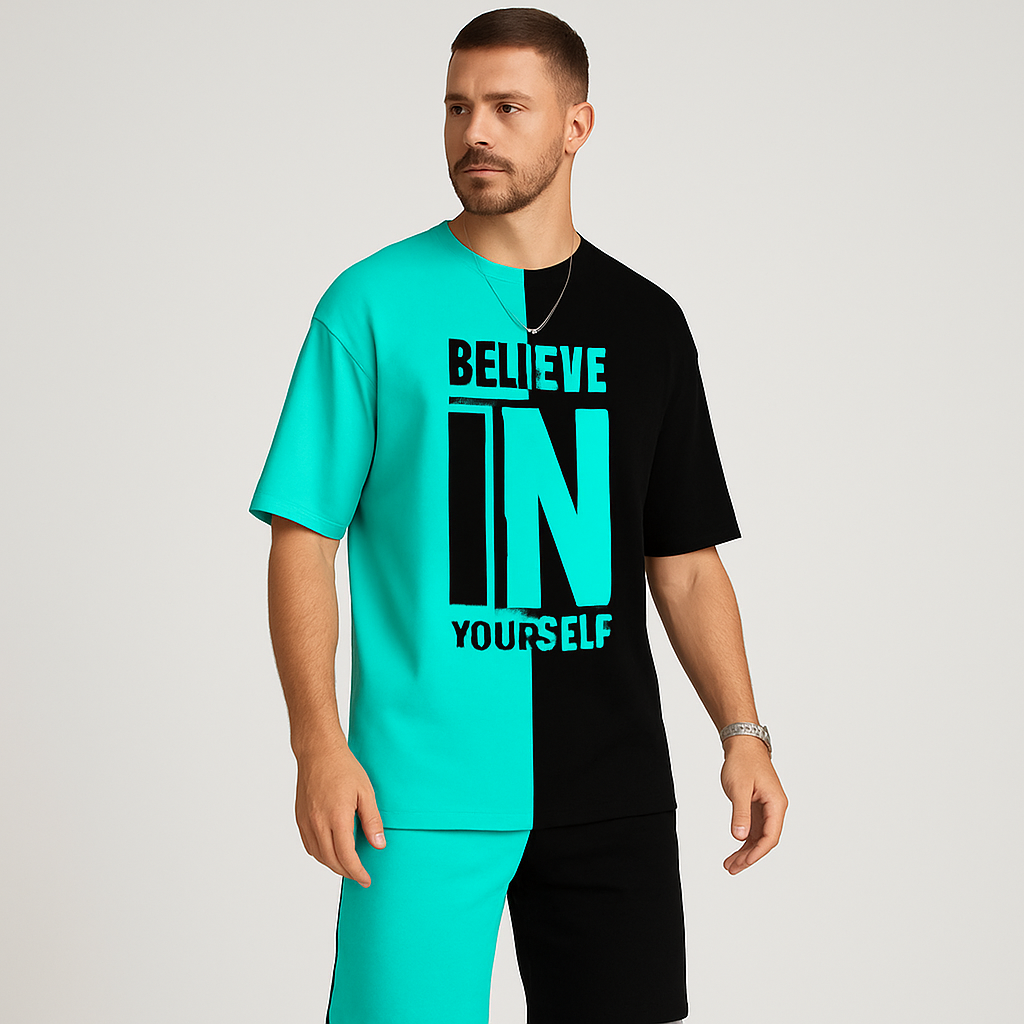 Herren-Motivationsset mit Farbblock-Print – „Glaub an dich selbst“ T-Shirt & passende Shorts