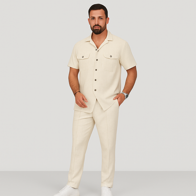 2-teiliges Sommer-Set für Herren – Lässiges Strandhemd mit Doppeltaschen und passende lange Hose