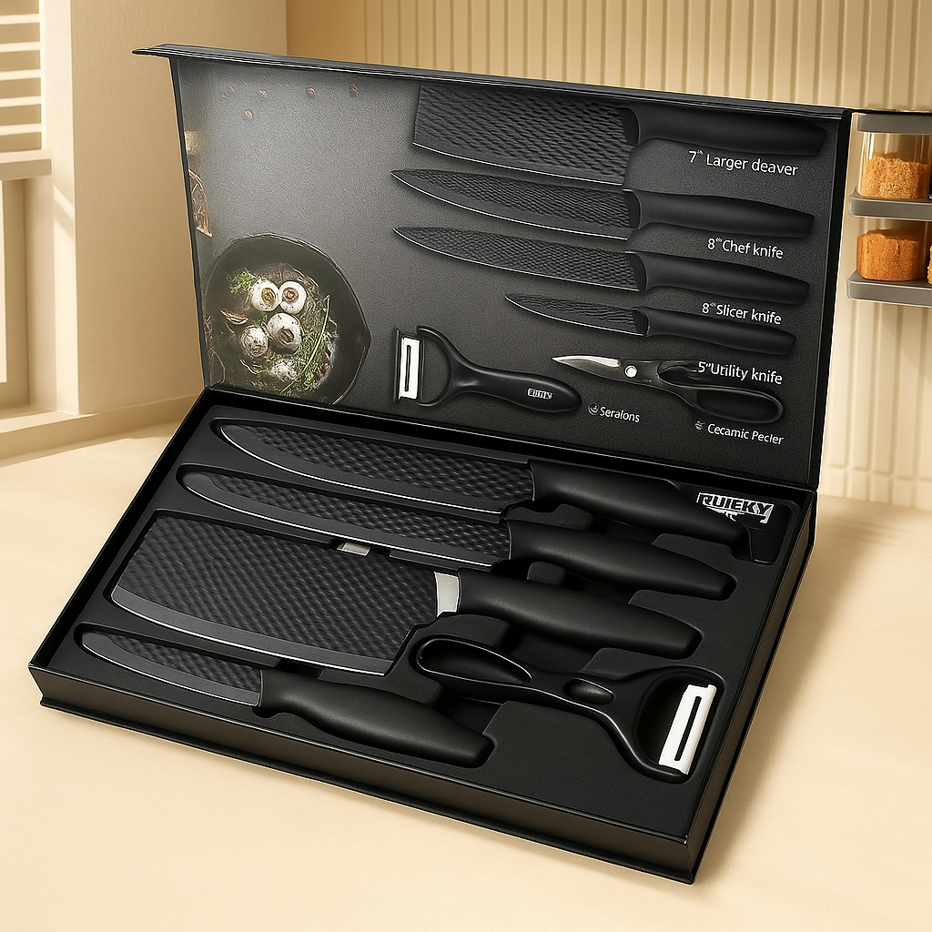 Chefora | 6-teiliges Küchenmesser- und Zubehörset aus Edelstahl – Schwarze Geschenk-Edition