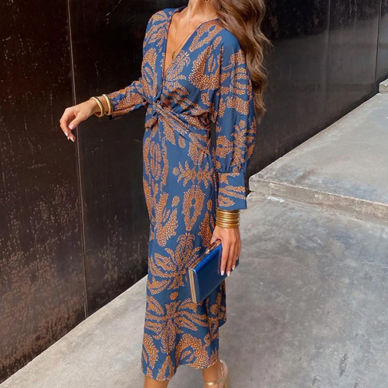 Janella - Drapiertes Vintage-Midikleid mit langen Ärmeln