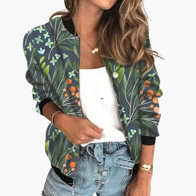 Damen Bomberjacke mit Blumenmuster und Reißverschluss