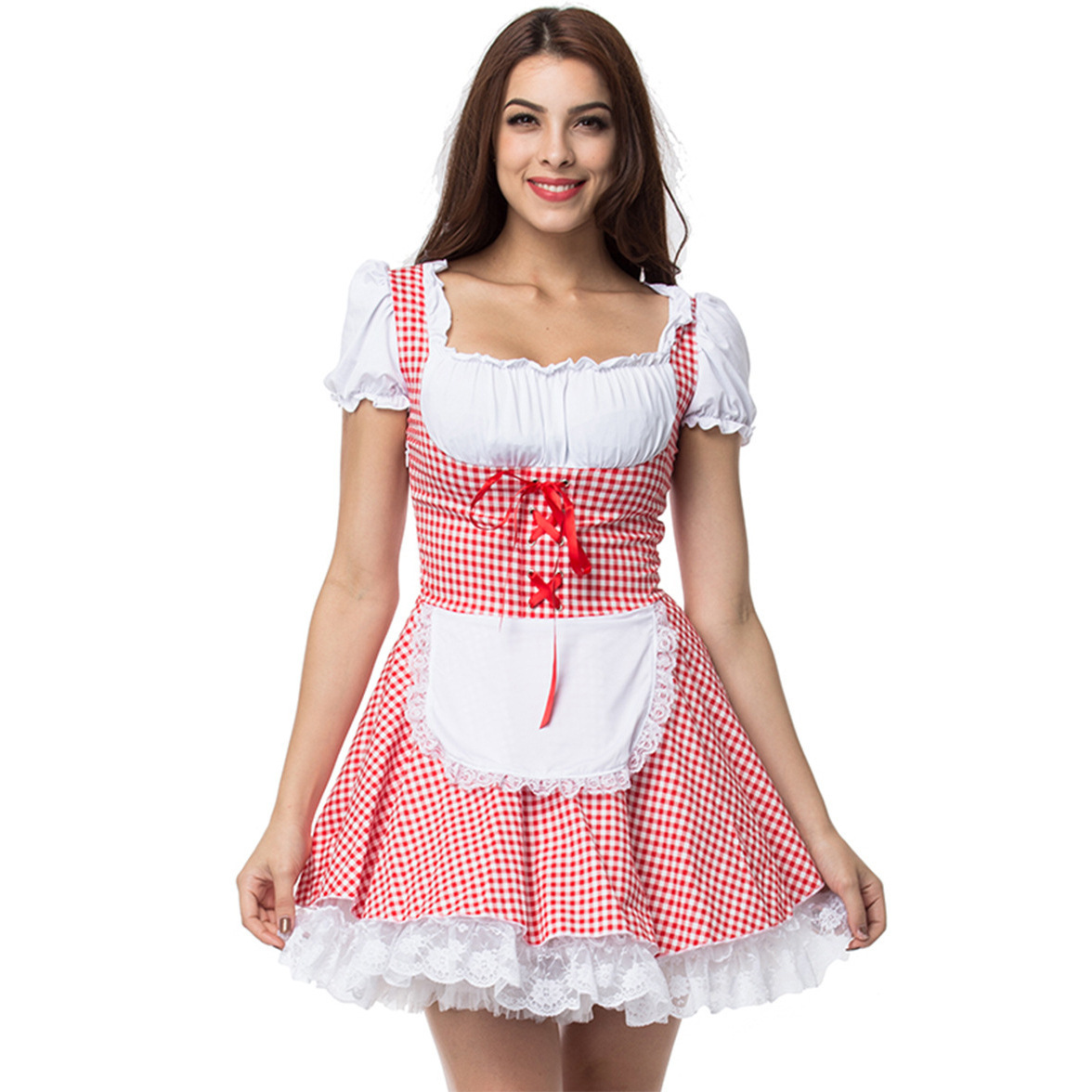 Damen Dirndl Kleid Baumwolle Schulterfrei Festlich Karomuster