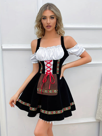 Damen Dirndl Kleid Schulterfrei Trachtenkleid mit Fließendem Rock für Oktoberfest