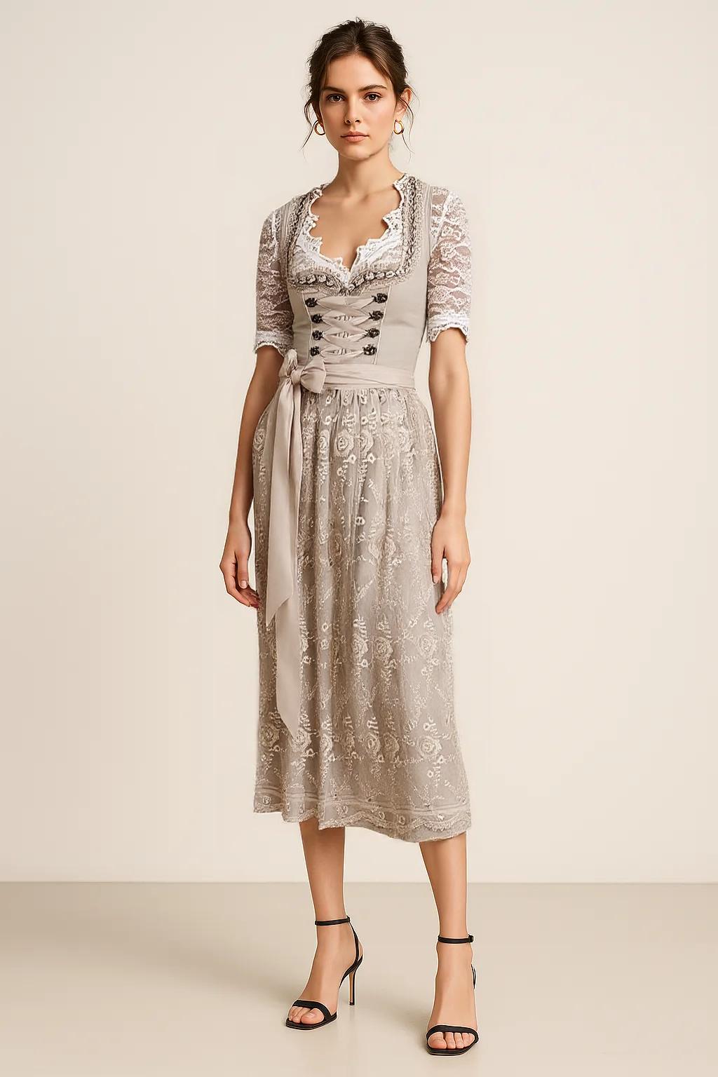 Damen Dirndlkleid Baumwolle mit Schnürmieder und Spitzenbluse, Traditionelles Design, Eleganter Blumendruck