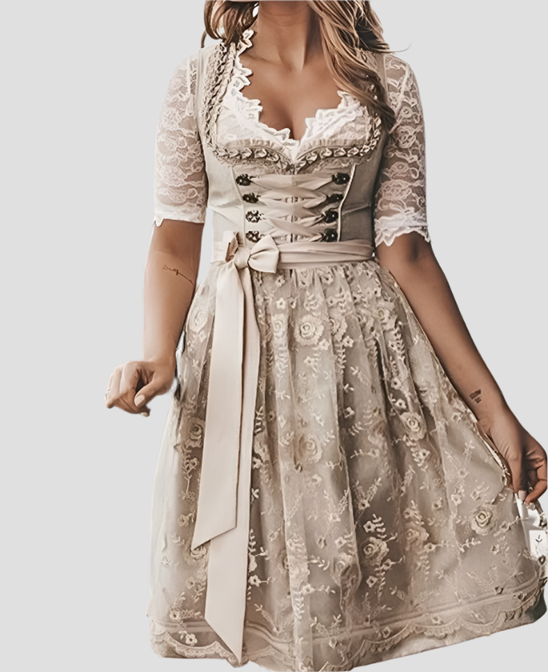 Damen Dirndlkleid Baumwolle mit Schnürmieder und Spitzenbluse, Traditionelles Design, Eleganter Blumendruck