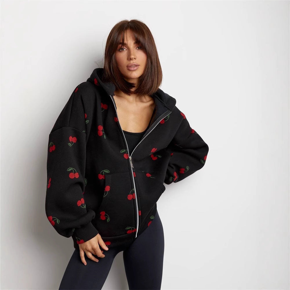 Damen Kapuzenpullover Hoodie mit Reißverschluss und Fruchtigem Print