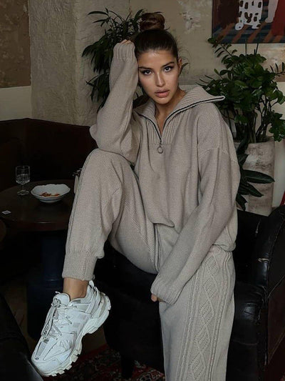 Damen Loungewear Anzug Strickmaterial mit Reißverschluss